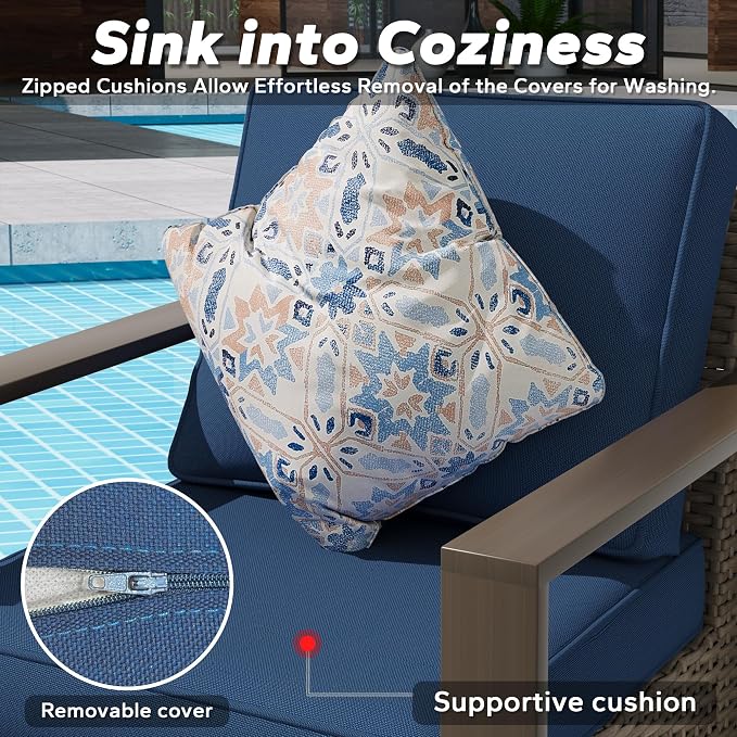 Outdoor Wicker Metal Chairs Set of 2 with Two Ottomans, 360 Degree Glider Rockers Armchairs, 4 Pieces Patio Bistro Set with Wood-Looking Metal Armrest for Poolside, Terrace, Dark Blue