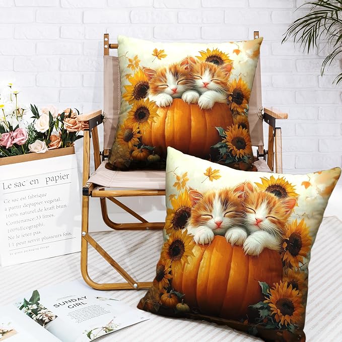Fall Pillow Covers 24x24 Set of 2 Lovely Cat Pumpkin Sunflower Throw Pillow Covers Autumn Harvest Farmhouse Pillowcase Double Sided Printing Cushion Case for Patio Outdoor Sofa