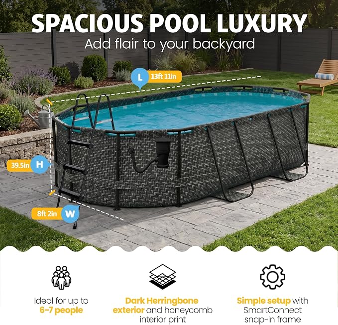 Funsicle Oval Oasis Designer 13'11" x 8'2" x 39.5" Above Ground Swimming Pool, with FiltraBoost Filter 800 GPH Pump with AutoSkimmer, Ladder & Type D Filter Cartridge, Dark Herringbone