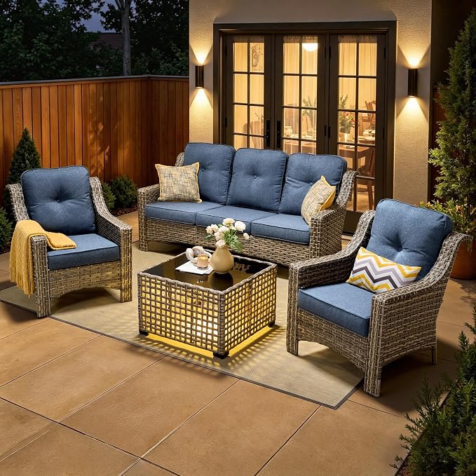 4 Piece Patio Furniture Set with Solar Light Coffee Table, Heavy Duty Wicker High Back Sofa Chairs with Thick Cushion, Small Outdoor Conversation Sets for Backyard Garden Porch, Denim Blue