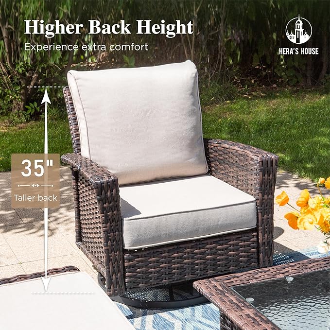 HERA'S HOUSE Outdoor Furniture, 2 x High Back Swivel Patio Chairs with 5.5" Cushions Wicker Rattan Deck Balcony Porch Furniture, Beige