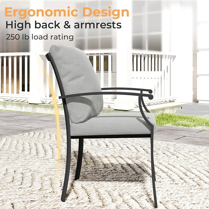 HAPPATIO 7-Piece Patio Dining Set, Outdoor Dining Set with Powder-Coated Metal,Dining Table with Umbrella Hole, 6 Stackable Chairs with Removable Cushions for Porch Poolside Garden,Grey