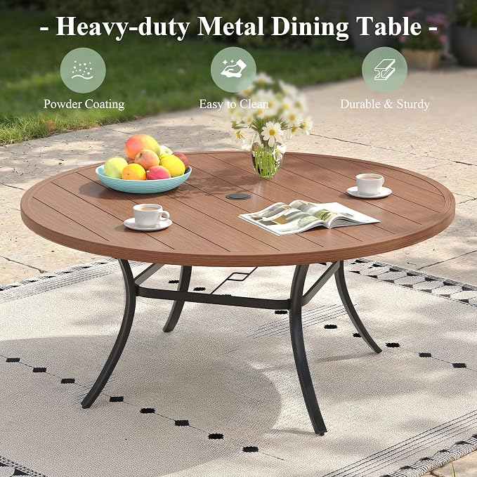 Outdoor Dining Set for 8, 53" Metal Round Outdoor Dining Table with Umbrella Hole and Wicker Stackable Patio Chairs, 9 Pieces Patio Table and Chairs Set for Garden Backyard, Walnut