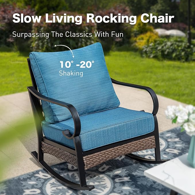 SUNSHINE VALLEY 4 PCS Metal Outdoor Patio Furniture Set, Patio Conversation Sets 1 3-seater Sofa, 2 Rocking Chairs with 5.75" Extra Thick Cushion & Coffee Table, Black Frame Backyard Furniture, Blue-2