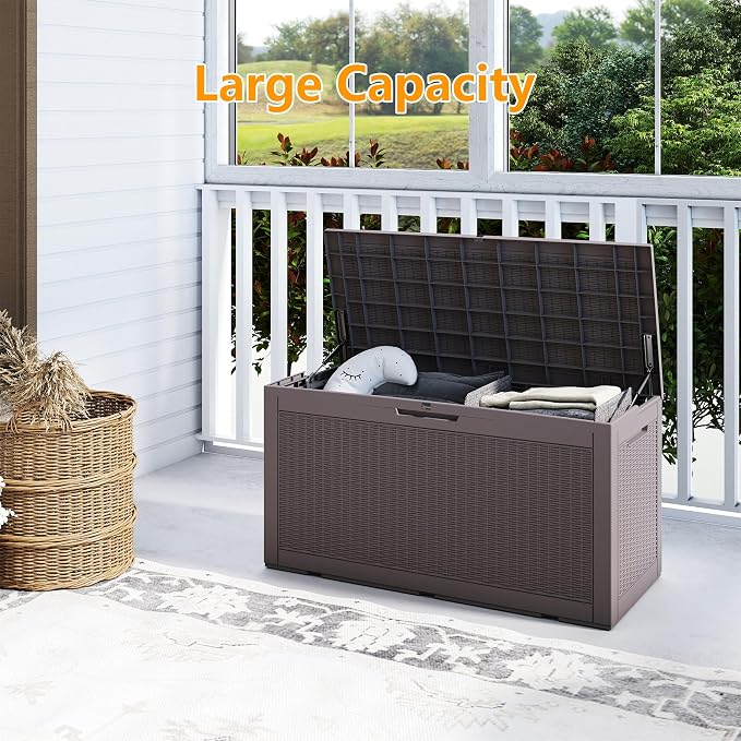 Outdoor Storage Box, 110 Gallon Waterproof Deck Box [Upgraded 3.0], Auto-Open Gas Struts Resin Organizer for Lounger Pillows, Secure Lockable Backyard Storage Bench, Poolside Deck, Grey