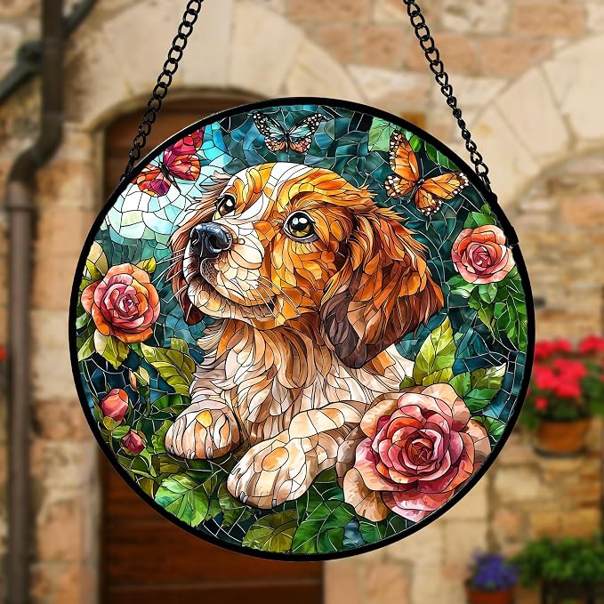 DASTOLL Stained Glass Window Hanging, Dog and Rose Suncatcher for Doors Home Butterfly Sun Catchers Decoration and Christmas, Mother's Day Birthday Gifts for Women, Men, and Mom 11.8x11.8 in