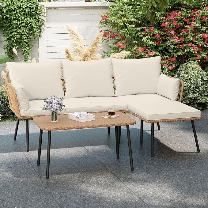 Tangkula 3 Pieces L-Shaped Patio Furniture Set, Outdoor Sectional Cushioned Sofa with Coffee Table, Removable Cushions, Boho Rattan Outdoor Conversation Set for Backyard Porch Balcony (White)