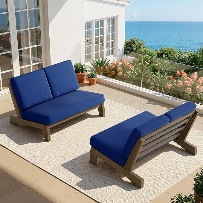 All Weather Wood Patio Furniture Sets, 3 Pieces Patio Loveseat Sofa Outdoor Sectional Futniture Backyard Conversation Set with Solid Wooden Coffee Table - Navy Blue
