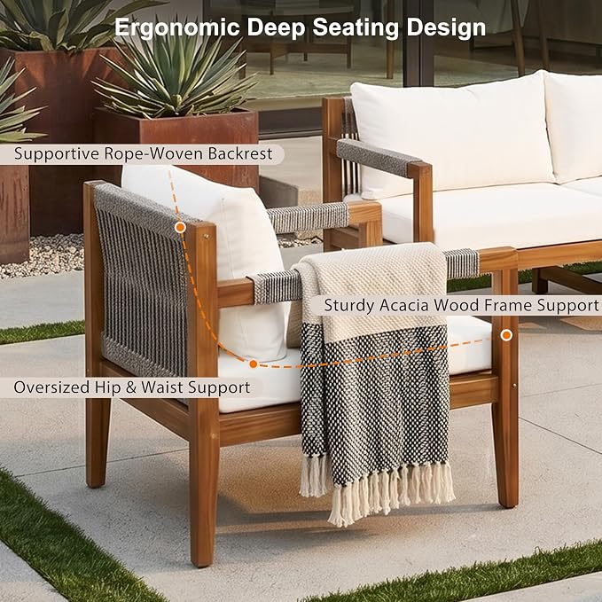 JIVOIT 3 Pieces Outdoor Rope Woven Sectional Sofa Set, Solid Acacia Wood Patio Conversation Set with Three-Seater Sofa and 2 Armchairs, Removable Cushions for Backyard, Deck and Poolside (Beige/24)