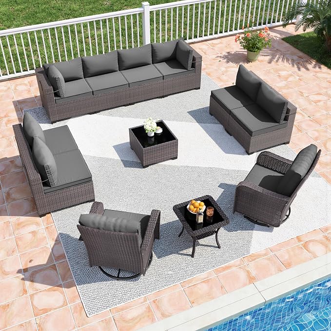 12 Pieces Outdoor Patio Furniture Set,Outdoor Sectional Furniture All Weather PE Rattan Wicker Patio Conversation Set with Coffee Table,Swivel Rocking Chairs Set,Grey