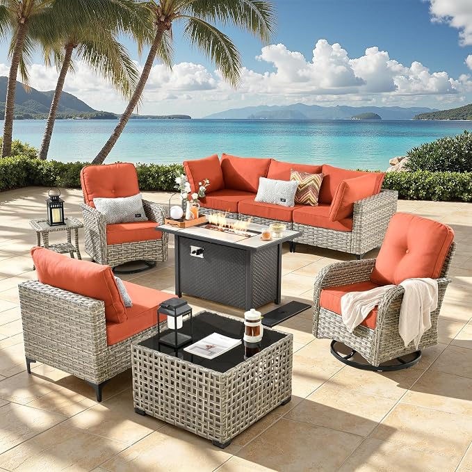 9-Piece Outdoor Patio Furniture Set with Fire Pit Table, Outdoor Conversation Wicker Sofa with Swivel Chairs, Rattan Couch with Coffee Table for Deck, Backyard, Poolside (Orange)