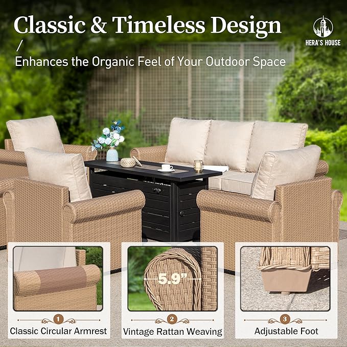 HERA'S HOUSE 5 Pieces Patio Furniture Set, All Weather 7 Seats Outdoor Wicker Sofa with Ottoman, 5.5" Thick Waterproof Cushion Conversation Set for Garden Deck Backyard, Beige