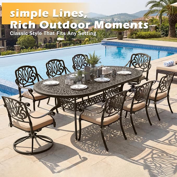 9-Piece Outdoor Dining Set, Retro Bronze Cast Aluminum Patio Furniture Include 86.6" Oval Table and 8 Fixed Chairs with Cushion and Umbrella Hole for Patio Deck Garden