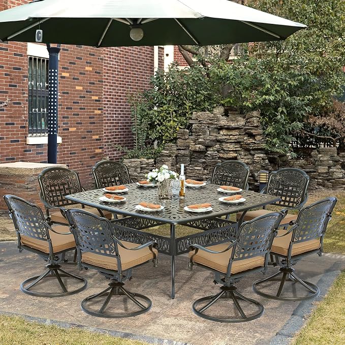 SOCIALCOMF 9-Piece Patio Cast Aluminum Dining Set, Outdoor Table and Chairs Set for 8, Includes 64" Large Square Dining Table and 8 Swivel Rocker Chairs with Umbrella Hole for Lawn Garden, Tan