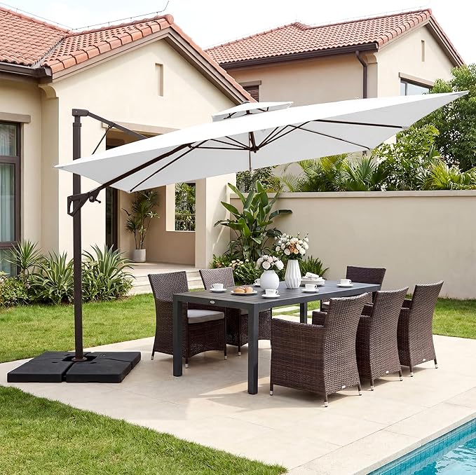JEAREY 12ft 2-Tier Cantilever Patio Umbrella, Large Square Outdoor Offset Umbrella with Double Top Vent and 360-degree Rotation for Garden, Deck, Pool, Patio, Cream White