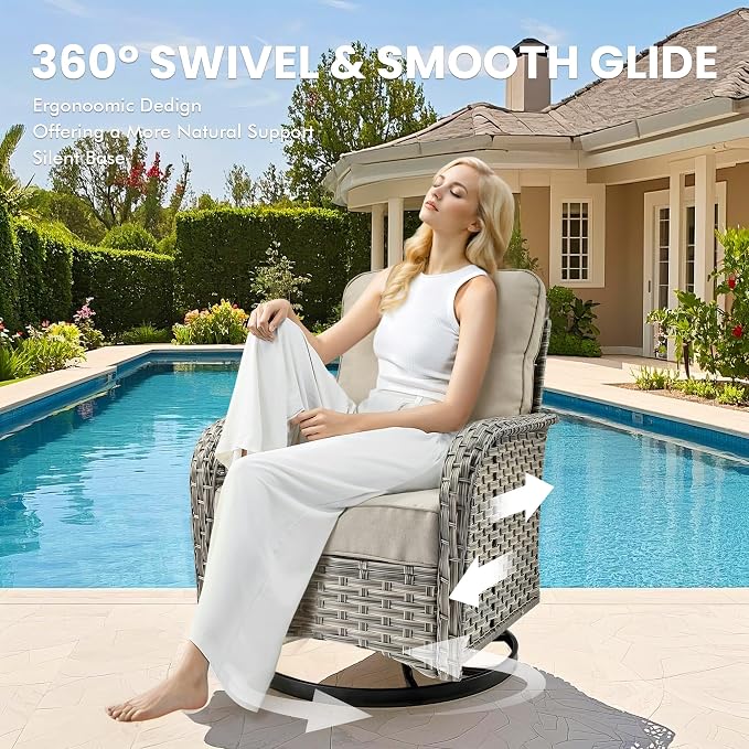 8 Pcs Patio Outdoor Furniture Set - All Weather Wicker Outdoor Sectional Sofa Couch with Swivel Fire Pit Table and Rocking Chairs e,Patio Rattan Conversation Set for Garden Deck Yard,Beige