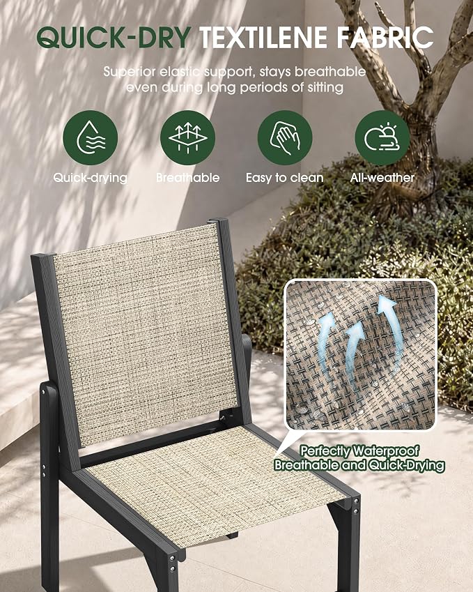 HDPE Outdoor Patio Dining Set with Table & 6 Stackable Armless Textilene Chairs, All-Weather 7-Piece Dining Table Set with Umbrella Hole, Patio Furniture for Garden, Poolside, Backyard, Deck | Grey