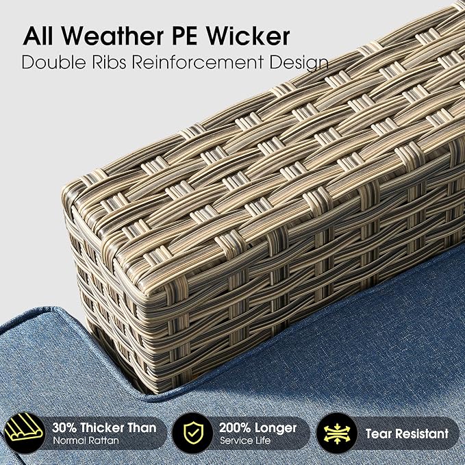 Outdoor Sectional Patio Furniture Set,9 Pieces All Weather Rattan Wicker Conversation Sets,Out Door Furniture with Ottoman Single Chair,Denim Blue
