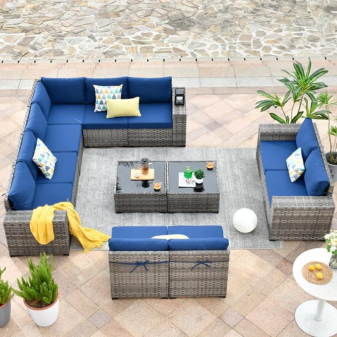 HOOOWOOO Outdoor Patio Sectional Furniture Sofa Set with Widened Armrest,12 Piece Large Modern Wicker Couch,Modular L Shaped Conversation Seating Set with Table for Out Door Garden Corner(Navy Blue)