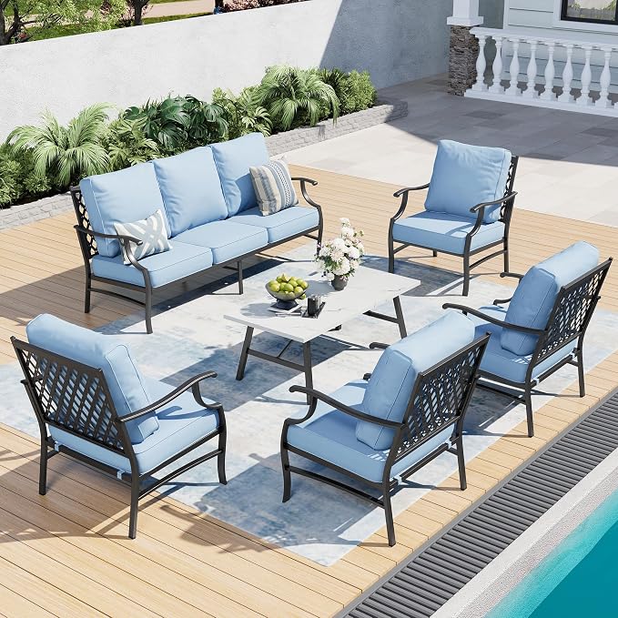 SUNSHINE VALLEY 6 Piece Metal Outdoor Patio Furniture Set, Patio Conversation Sets 1 3-Seater Sofa, 4 Fixed Chairs with 5.75" Thick Cushion and Coffee Table, Backyard Furniture Set for Deck, Blue