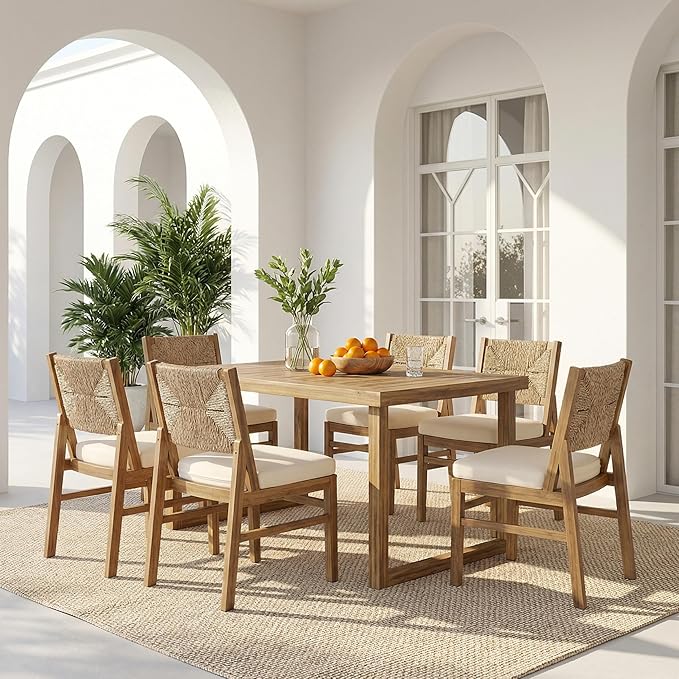 Christopher Knight Home Harly Acacia Wood Patio Dining Set for 6, Solid Wood Outdoor Dining Table Set for 6, 7 Piece Outdoor Dining Set with Rectangular Table and Wicker Backrest, Teak+Cream