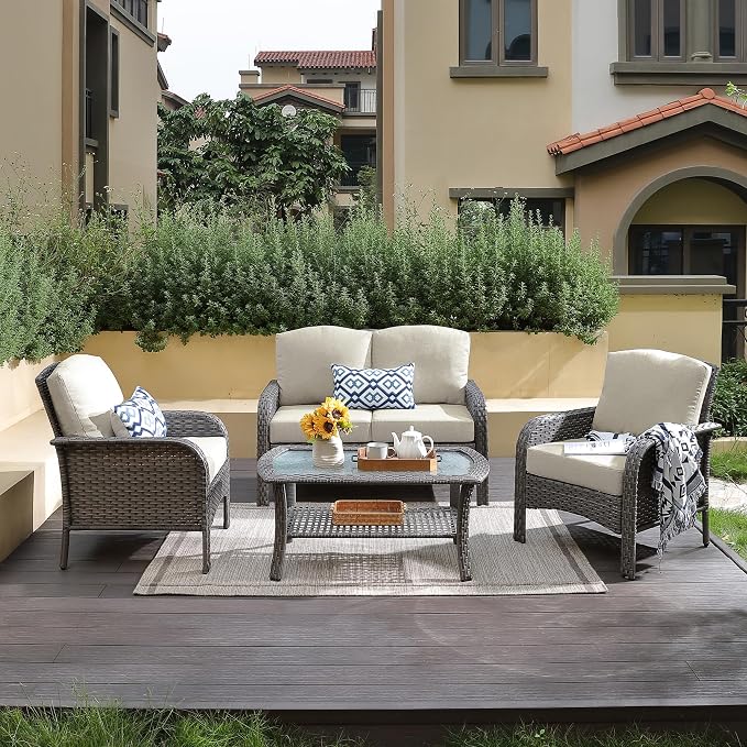 CAODOC 4-Piece Wicker Patio Furniture Set, All-Weather Rattan Conversation Bistro Loveseat Chair and Table Set for Backyard, Balcony and Deck with Soft Cushions and Metal Table(Tan)