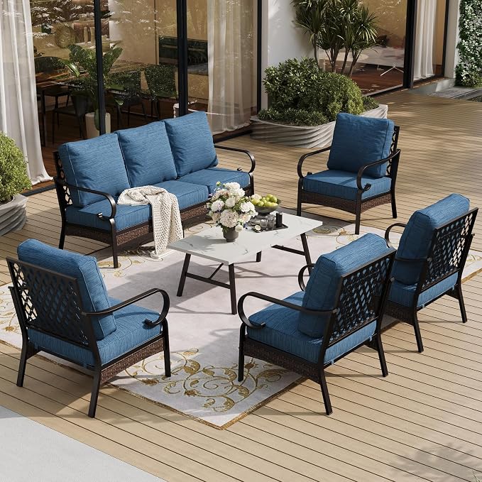 SUNSHINE VALLEY 6 Piece Metal Outdoor Patio Furniture Set, Patio Conversation Sets with 3-seater Couch, 4 Single Sofa (5.75" Extra Thick Cushion) & Coffee Table, Black Frame Backyard Furniture, Blue-2
