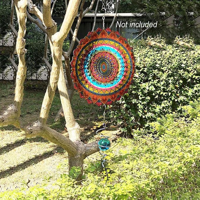 FONMY Gazing Ball Spiral Tail -Decorative Wind Spinner 11" inch Tail and 2" inch Glass Orb. Indoor Outdoor Garden Decoration Silver Blue -13 inch Height