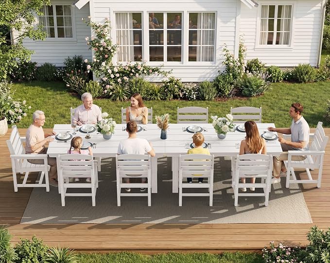 SERWALL HDPE Outdoor Dining Set for 10 with 2 Tables & 10 Chairs, White | 12-Piece HDPE Outdoor Dining Set for 10, All-Weather Resistant Dining Furniture