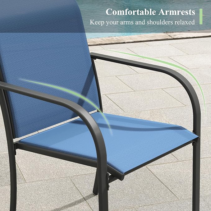5 Pieces Outdoor Dining Set, Stackable Textilene Paito Chairs & 40.6" Round Dining Table with Umbrella Hole and Shelf, Patio Dining Set for Backyard, Deck, Garden, Dark Blue & Black