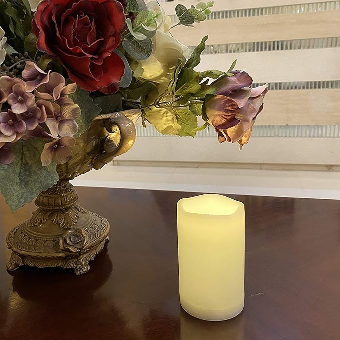 Waterproof Outdoor Flameless Pillar Candles with Timer Battery Operated Electric LED Candle Set for Gift Home Décor Party Wedding Supplies Garden Halloween Christmas Decoration, 2 Pack, 3” x 5”