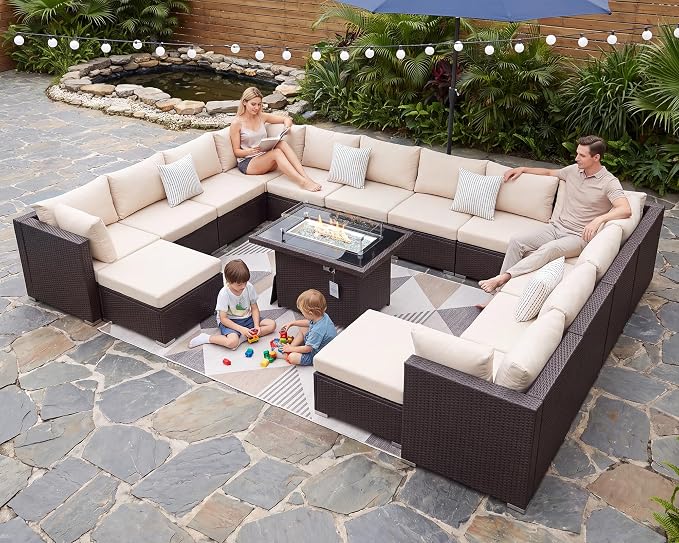 BULEXYARD 15 Piece Highback Wicker Patio Furniture Sets with Firepit, All-Weather Heavy Duty Outdoor Conversation Set Modular, Extra Deep Wide 14-Seats Sectional Couch Sofa for Backyard, Brown & Beige