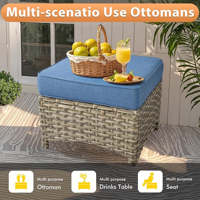 8 PCS Outdoor Patio Furniture Sets,Patio Conversation Sets Outside Rattan Soft Cushion Sofa with 2 Wicker Rocking Chairs Soft Cushion Fit Backyard Porch Garden Poolside Balcony,Diamond Blue