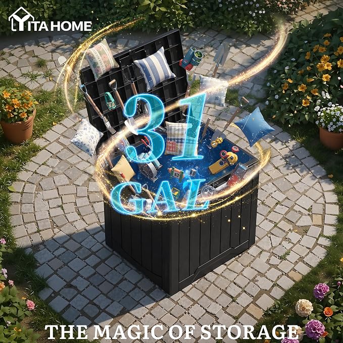 YITAHOME 31 Gallon Deck Boxes Set of 2, Lockable Outdoor Storage Bins with Silver Decorative PVC Trim Panels for Patio Cushions, Garden Tools, Weather-Resistant Resin Storage Solution, Black & Silver