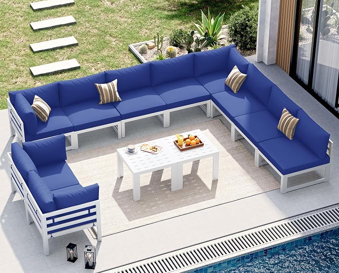 NICESOUL 12 Pcs Aluminum Patio Furniture Set for Large Groups, 500lbs Heavy Duty Outdoor Sectional Sofa with Coffee Table, L Shaped 29" Deep Wide Seating Conversation Couch for Garden Lawn, Navy Blue