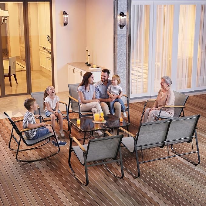 Ahomly 8-Piece Outdoor Patio Furniture Set, Textilene Conversation Set with Rocking Chairs, Loveseat, and Tempered Glass Coffee Table, for Lawn, Garden, Balcony, Poolside (Grey)