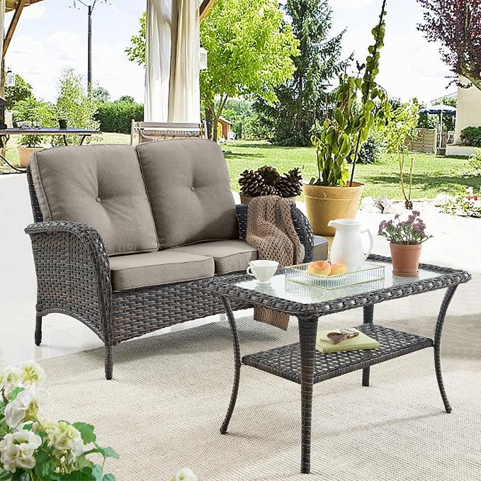 Belord Patio Wicker Furniture with Rocking Chairs Loveseat, 5 Piece Rattan Furniture Outdoor Table and Rocking Chairs Set for Patio Deck Porch Backyard Brwon/Grey