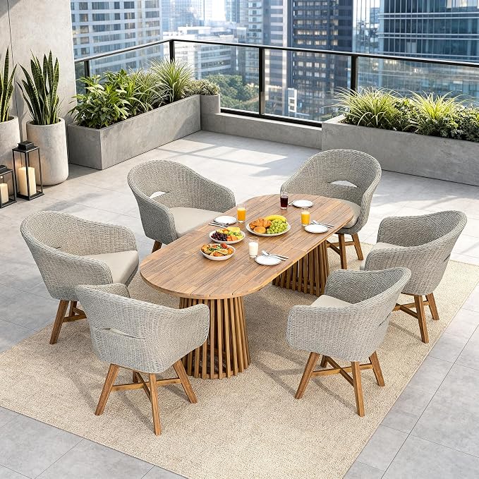 Christopher Knight Home Ambes 7 Piece Acacia Wood Outdoor Dining Set for 6, Patio Dining Table and Chair Set with Curved Rattan Backrest & Cushions, Outdoor Dining Table Set, Beige+Grey Ash+Brown