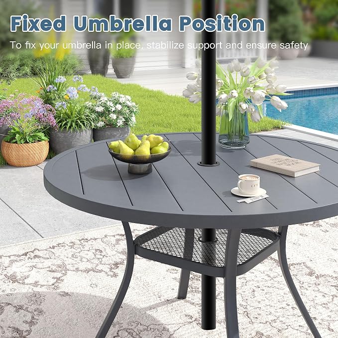 DIFY 5 Piece Outdoor Patio Dining Set for 4, Patio Table and Chairs Set with Umbrella Hole, 40.6" Round Dining Table and Stackable Metal Chairs for Backyard Garden Poolside, Grey