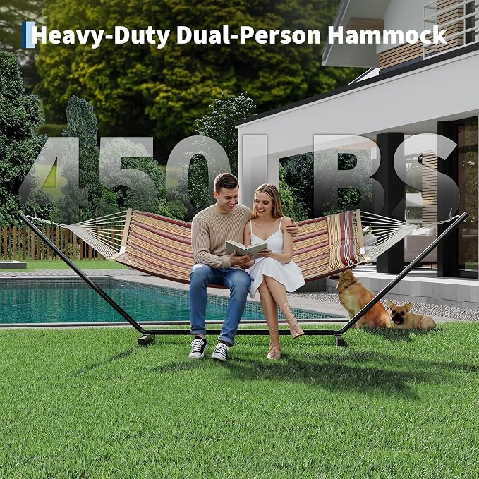 Double Hammock with Stand, 450 Lbs Capacity 12FT Heavy Duty Portable 2 Person Hammock with Steel Frame & Anti-Tip Design, Easy 2-Minute Setup for Patio, Garden, Beach, Backyard, Burgundy brown stripes