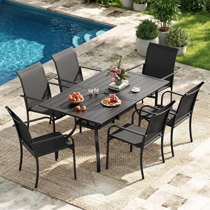 7-Piece Patio Dining Set,6 Person Outdoor Table and Chairs Set, 6 Metal Dining Chairs and Rectangular Outdoor Table with 1.57" Umbrella Hole,Black