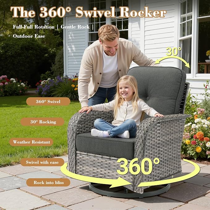 3 Pieces Patio Furniture Set, High Back Outdoor Swivel Rocker Chairs, Wicker Outdoor Furniture with Swivel Rocking Chairs and Side Table for Porch, Backyard, Balcony, Black