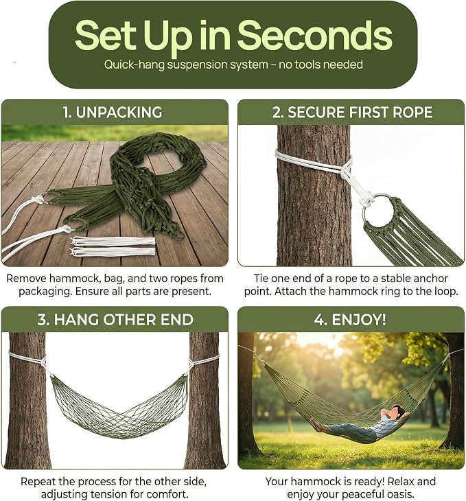 Gardenised Portable Rope Hammock with Hanging Cords & Carry Bag Lightweight Compact Outdoor Design for Camping Hiking Travel Beach Backyard Patio Balcony Garden & Napping, Olive Green Net Hammock
