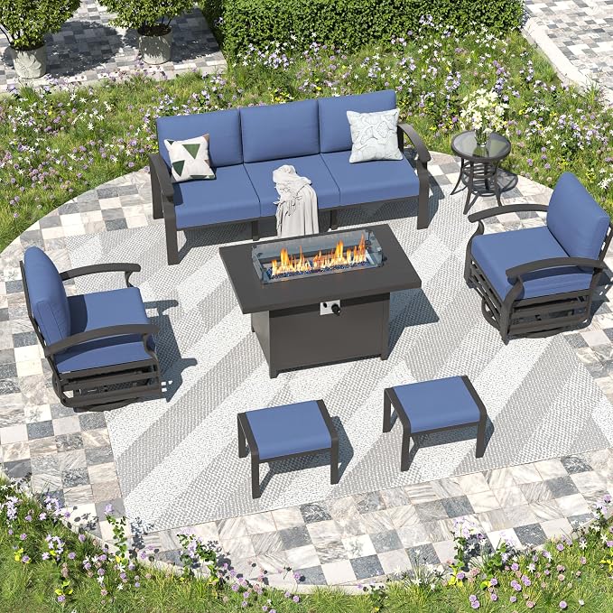 Kullavik Aluminum Patio Furniture Set,7 Piece Modern Metal Outdoor Patio Furniture w/5.1'' Thick Cushion,Swivel Chairs,Ottomans and Propane Fire Pit Table,Patio Conversation Sets for Porch,NavyBlue