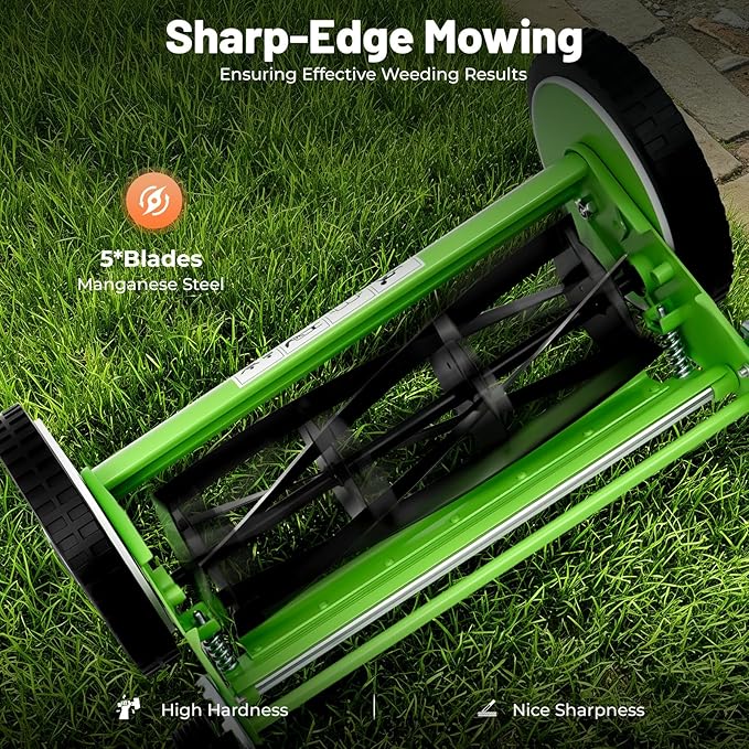 Manual Lawn Mower with Bag - 16'' 5-Blade Cordless Push Lawn Mowers, Adjustable Cutting/Handle Height Grass Cutter, Motorless Reel Mowers for Villa Courtyards, Park Greening, Gardens, Green