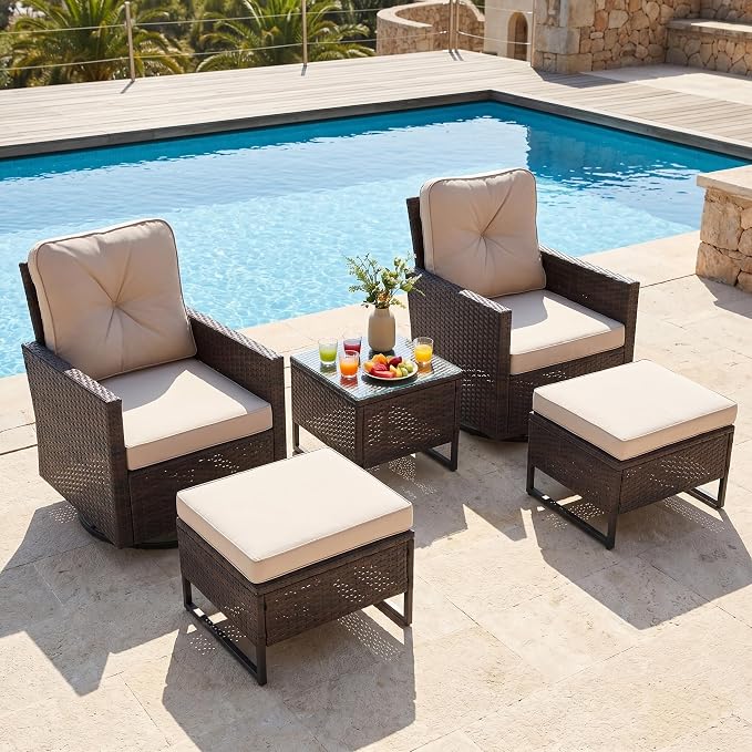 AVAWING 5 PCS Patio Swivel Rocking Chairs Set with Ottoman, Outdoor Wicker Furniture with Rattan Side Table, 360° Swivel Chairs for Garden, Porch, Backyard, Beige/Brown Wicker