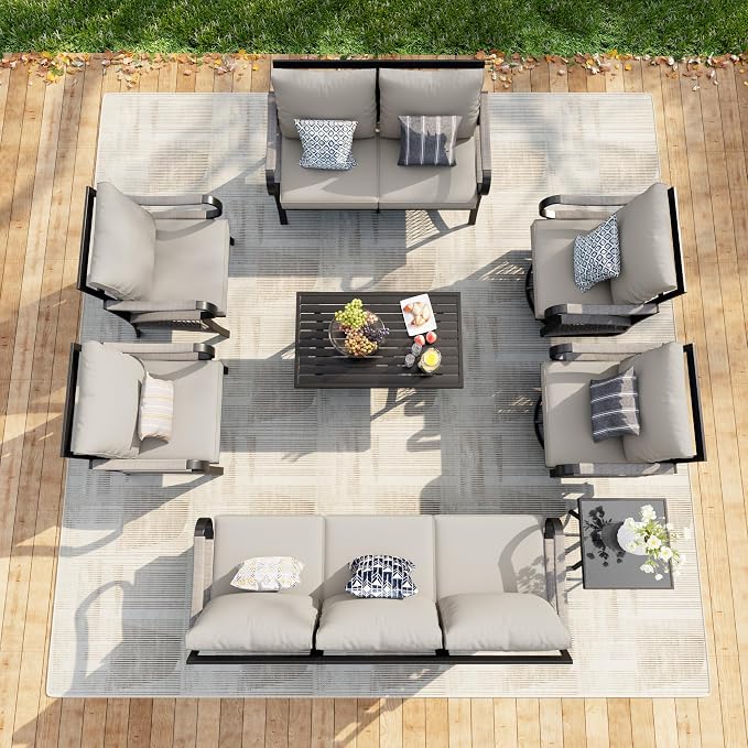 8 Pieces Outdoor Patio Conversation Sets, Rope Outdoor Furniture Set Metal 3-Seater Couch, 2 Swivel Rockers with Side Table and 2 Single Chairs, Loveseat Sofa with Coffee Table for Backyard, Beige