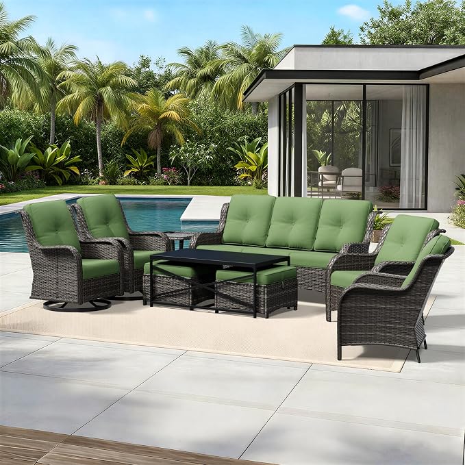 Joyside 9 Piece Wicker Patio Furniture Set, Outdoor Swivel Rocker Patio Chairs with High Back, Deep Seating, Wide Armrest, Thickened Cushions, Outdoor Furniture for Deck, Porch Use