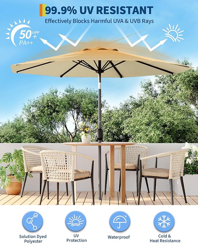 GarveeLife 9 ft Patio Umbrella, Outdoor Table Market Umbrella with Push Button Tilt and Crank, 8 Sturdy Ribs UV Protection Waterproof for Garden, Deck, Backyard, Pool (Beige)