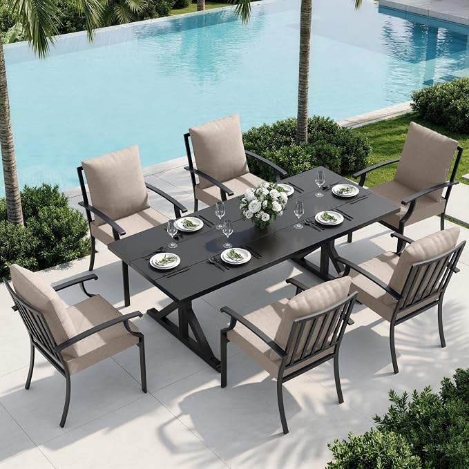 7 Piece Outdoor Dining Set for 6, Metal Patio Table and Chairs with Cushions, Patio Furniture Set with 6 Stackable Chairs, Rectangular Metal Dining Table with Umbrella Hole, Lawn Deck Yard-Sand